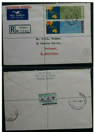 Rare 1967 Malaysia Registered Cover Ties 3 Stamps Canc Kuching To Australia