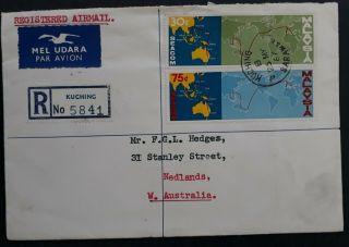 RARE 1967 Malaysia Registered Cover ties 3 stamps canc Kuching to Australia 2