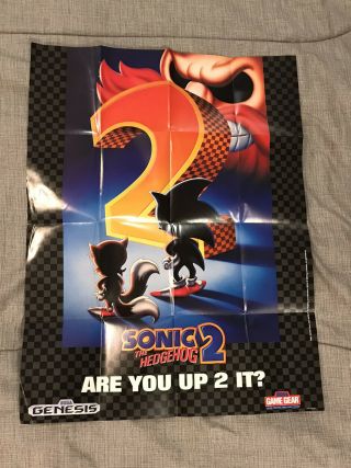 Rare Htf Sonic The Hedgehog 2 Sega Genesis Promo Poster Dated 1992