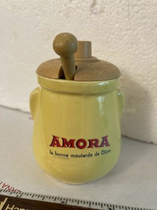 Rare Vintage Yellow Ceramic Mustard Jar Pot Amora Dijon France Wooden Lid Spoon