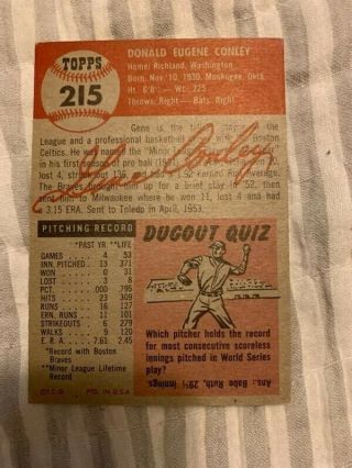 1953 Topps Baseball Card 215 Gene Conley RC Vintage Rare Braves 2