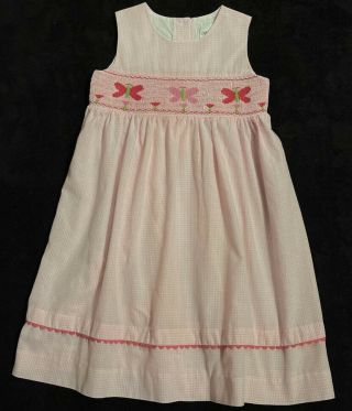 Rare Editions Girls Size 5 Butterfly Smocked Pink Gingham Dress