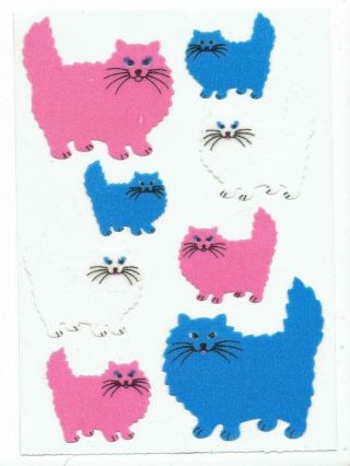 Rare Vintage Sandylion Stickers Maxi Fuzzy Blue Pink White Cats Kittens
