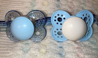 Mam Vintage Latex Pacifiers Baby Blue/white - Plus - Matching Clip Rare Find