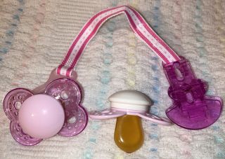 Mam Vintage Latex Baby Pacifiers Pink:white - Plus - Matching Clip Rare Find