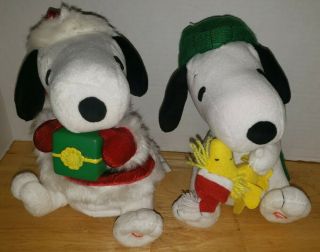 Gemmy Peanuts Snoopy Green Cap & Woodstock & Peanut Gift Plush Sound Dance Rare