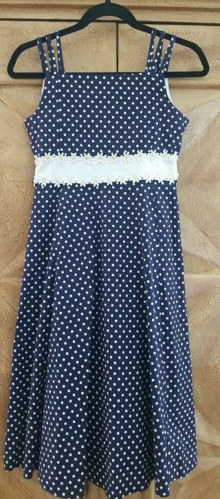 Rare Editions Navy Blue & White Polka Dot Girls Dress W/ Flower Detail Sz 12