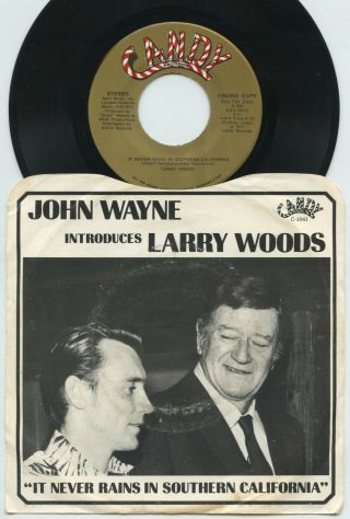 Rare Country 45 & Pic Sleeve - John Wayne Introduces Larry Woods - It Never Rains