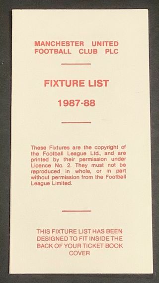 Manchester United 1987 / 1988 Club Issue Fixture Card,  Rare Cup Correction List