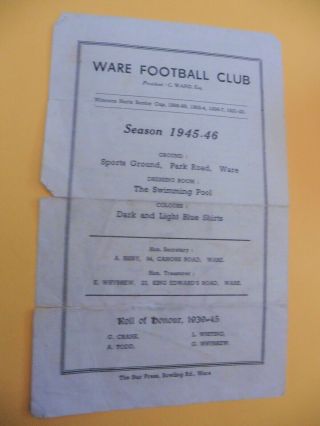 Ware V Westwood Sports 10/11/1945 Friendly Very Rare