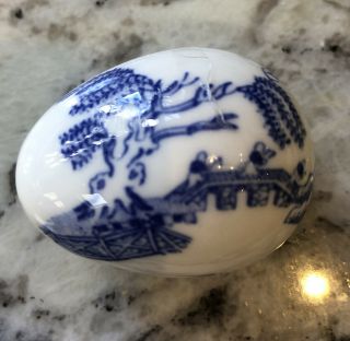 Rare Coalport Blue Willow Bone China Miniature Tiny Lidded Egg Shape Trinket Box