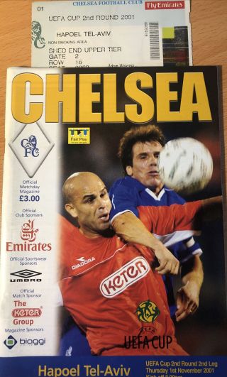 Chelsea V Hapoel Tel - Aviv November 2001 Uefa Cup Programme,  Ticket Rare