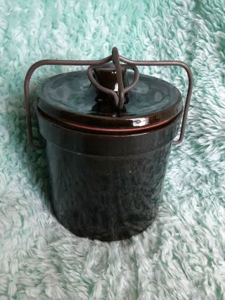 Vintage Rare Usa Black Stoneware Crock With Lid,  Wire Bale,  And Red Seal.  J