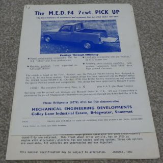 Rare 1980 Med F4 7 Cwt Pick - Up Renault 4 Conversion Brochure & Price List R029