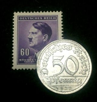 Rare Antique German 50 Pfenning 1920s Coin & Blue Stamp Ww1 & 2 Artifacts