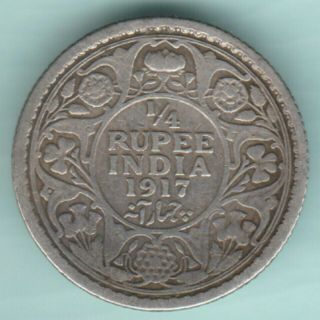 British India 1917 King George V 1/4 Rupee Rare Silver Coin