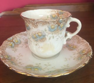 Aynsley Rare Numbered Teacup And Saucer Set Blue Daisy Flowers