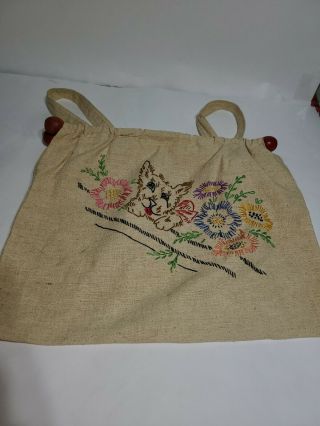 Vintage Embroidered Knitting Sewing Needlecraft Bag Tote Purse Doggy Flowers