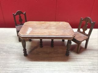 Vintage Wood Dollhouse Furniture Strombecker Walnut Dining Table And Chairs