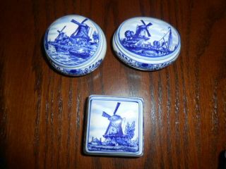 Three Vintage Windmill Delft Blue White Hand Painted Holland Trinket Boxes