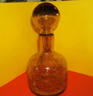 Vintage Rainbow Blenko Kanawha Amber Crackle Glass Decanter W/ball Stopper