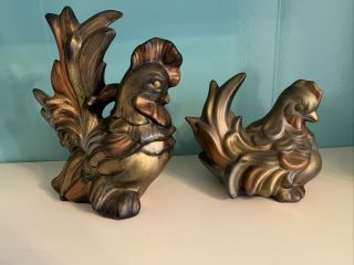 Vintage Pair Rooster Hen Chicken Farmhouse Kitchen Ceramic Figurines