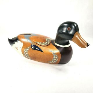 Vintage Hand Painted Carved Wood Mallard Duck Glass Eyes Decoy