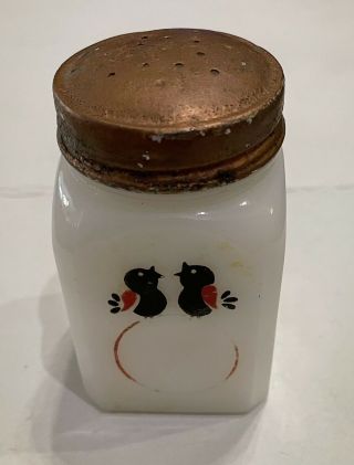 Vintage Tipp ? Milk Glass Black Birds Salt Or Pepper Shaker With Red Circles