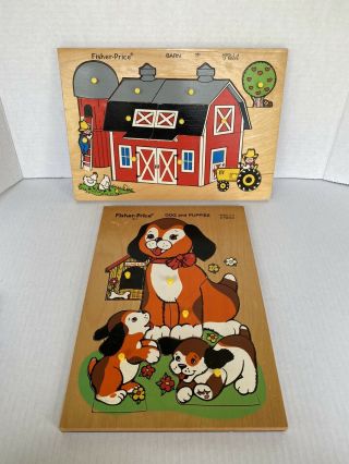 2 Fisher Price Wood Puzzles Dogs And Puppies Country Farm Barn 70’s Vintage