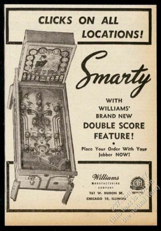 1946 Williams Smarty Pinball Machine Photo Vintage Trade Print Ad