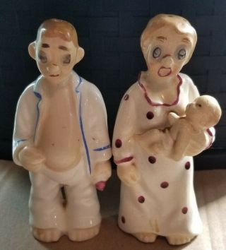 Vintage Sleepy Mom And Dad With Baby Salt And Pepper Shakers