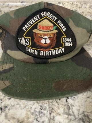 Vintage “p” Snapback Trucker Hat Camo Patch Cap Smokey The Bear Made In The Usa