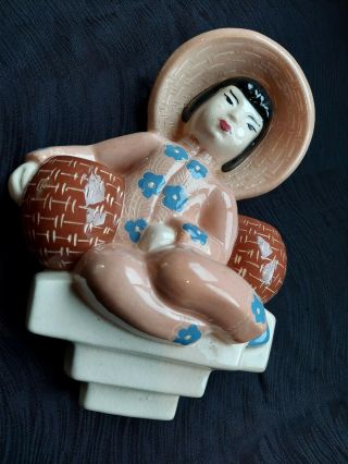 Vintage Weil Ware California Pottery Asian Lady Wall Pocket Planter Double Vase 2