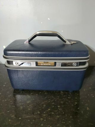 Vintage Samsoite Silhouette Train Makeup Case With Key And Mirror No Tray Blue