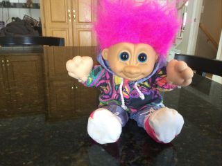 Vintage Russ Berrie Troll Doll 10 " Hot Pink Hair Wind Jacket Running Suit 2404