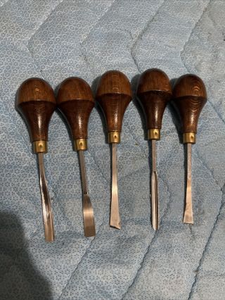 Set Of 5 Vintage Wood Carving Tools With Wood Handles