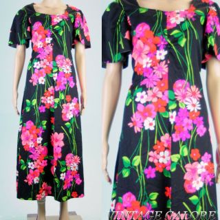 Vtg 60s 70s Black Pink Floral Short Sleeve Long Summer Garden Day Dress Sz L
