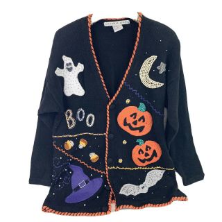 Vintage Victoria Jones Ugly Halloween Sweater Pumpkin Candy Bat Ghost Moon Tacky