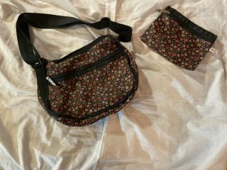 Lesportsac Crossbody Bag Vintage Black With Red & Yellow Flowers Matching Pouch