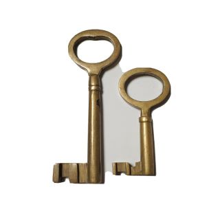 2 Large Vtg Brass Solid Barrel Skeleton Keys Approx 3 " - 4 3/8 " Long