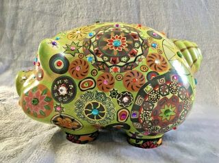 Vintage Mexican Pottery Piggy Bank With Rhinestones Folk Art Retro