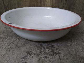Vintage White Enamel Porcelain Bowl Basin W/red Trim Metal 12 " X3” Farmhouse