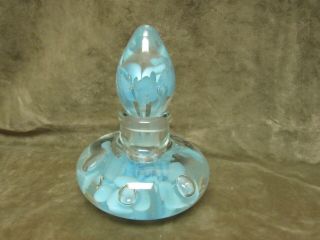 Vintage Joe St Clair Glass Blue Flower Paperweight Perfume Bottle With Stopper