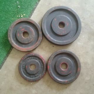 (4) Vintage Cast Iron Barbell Weight Plates | 2.  5,  5,  5,  10 Lbs | 22.  5 Lb Total
