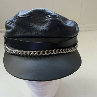 Vintage Black Leather Motorcycle Cap Hat Silver Chain Adjustable Made In Usa Vtg