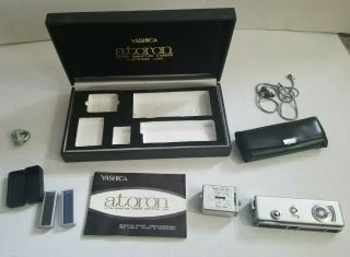 Vintage Yashica Atoron Ultra Miniature Camera Org.  Box,  Flash,  Case & More