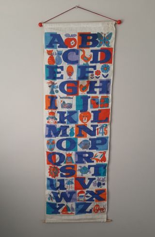 Vtg Mid Century 60s 70s Childs Linen Wall Hanging Alphabet Animal Orange Blue