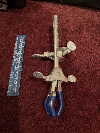 Vintage Fisher Scientific Castaloy Blue Long 3 Prong Clamp With Extra Clamp
