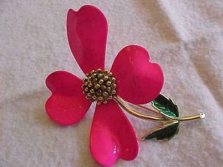 Vintage Sarah Coventry Brooch Pin Hot Pink Green Enamel Signed Costume Jewelry