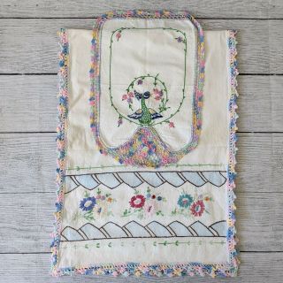 Set Of 2 Vintage Hand Embroidered Linens - Floral & Peacock - Crochet Border